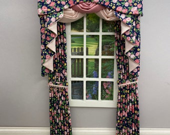 Handmade Miniature doll house soft furnishings - 12th scale swag and tail curtains drapes window dressing navy and pink  floral