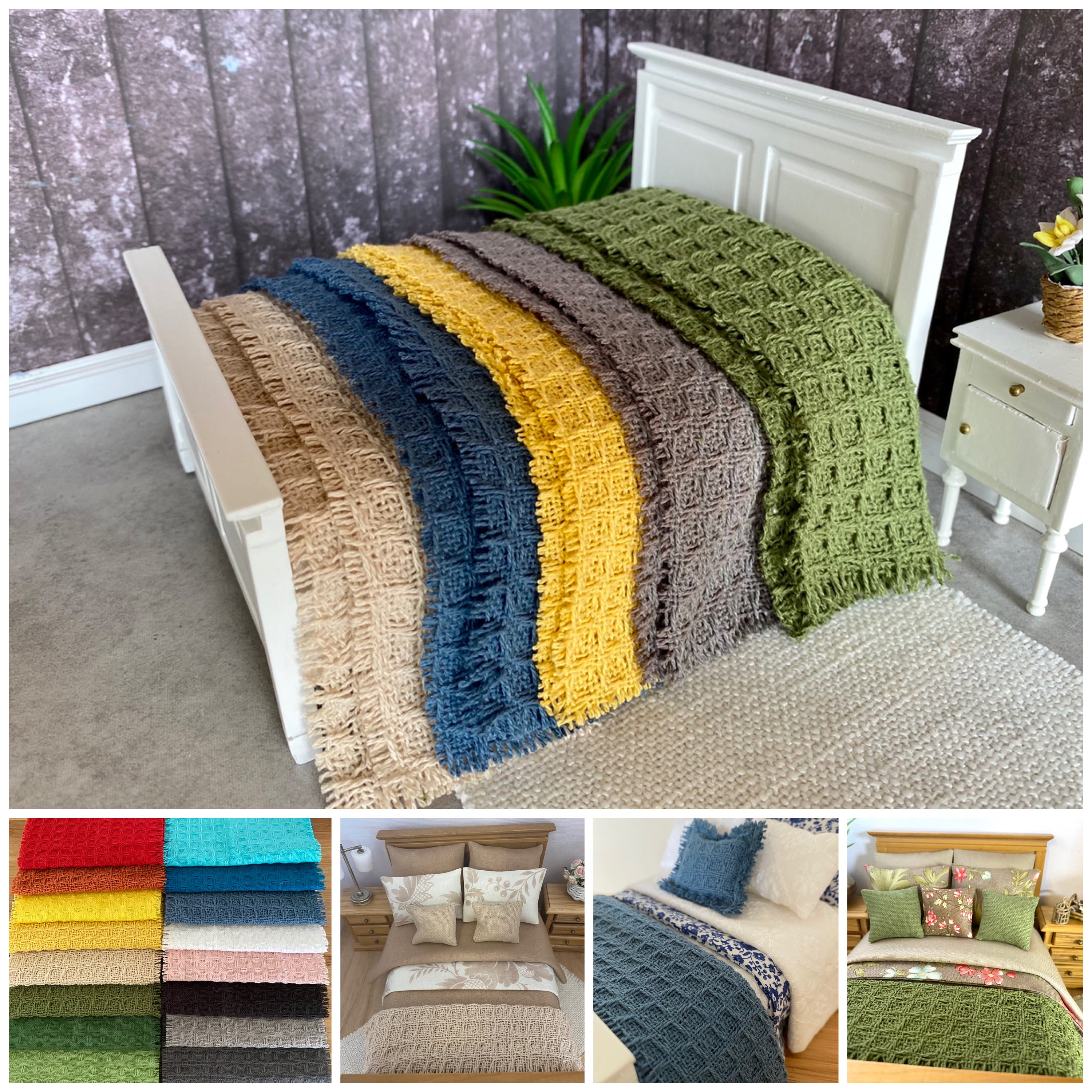 Miniature doll house 12th scale bedding -  cotton waffle style throw blankets single and double and throw cushions and pillows 30 colours