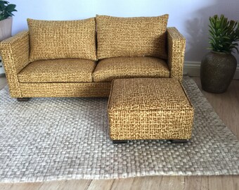 Miniature doll house 1:12 scale Modern wooden framed  living room  sofa and ottoman old gold hessian print