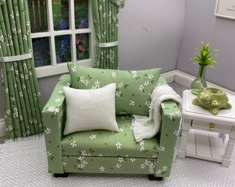 Handmade Miniature doll house furniture 12th scale Modern wooden framed  green daisy print  armchair