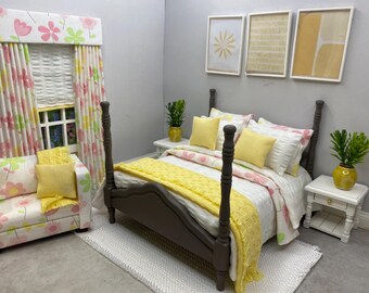 Set di biancheria da letto bianca da 9 pezzi, in miniatura, per casa delle bambole in scala 1:12, realizzata a mano, per letto matrimoniale, limone e bianco