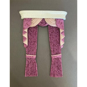 Handmade Miniature doll house soft furnishings - 1:12 scale plum swag and tail curtains drapes with white ornate pelmet
