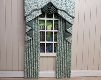 Handmade Miniature Dollhouse Curtains – Sage Green Swag & Tail, 1:12 Scale