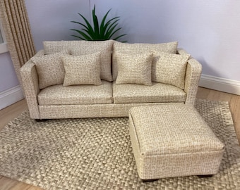 Handmade Miniature doll house 12th scale Modern wooden framed  living room  sofa  and armchair oatmeal