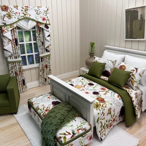 Handgemaakte miniatuur poppenhuis 8-delige beddengoedset en accessoires, schaal 1:12, etalage, poef