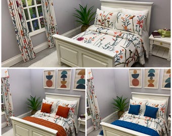 Set di biancheria da letto in cotone bianco da 5 pezzi, fatto a mano, per casa delle bambole in miniatura in scala 1:12, per un letto matrimoniale