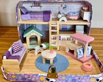 Miniature dollhouse  suitcase with 30 piece  wooden furniture  - Live In Pet Store