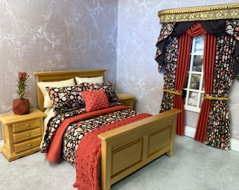 Handmade miniature doll house 1:12 scale 8 piece bedding set for a double bed brown floral