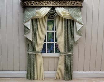Handmade Miniature doll house soft furnishings - 1:12 scale  swag and tail  curtains drapes sage and green