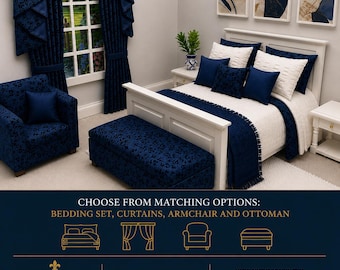 Miniature 1:12 Scale Navy Blue Dollhouse 10 Piece Double Bed Linen Set
