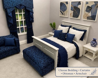 Miniature 1:12 Scale Navy Blue Dollhouse 10 Piece Double Bed Linen Set