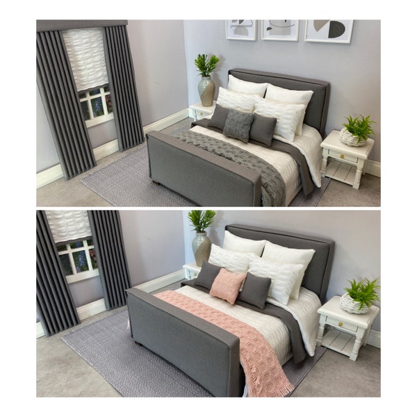 Hand made miniature dolls house 12th scale furniture fully dressed modern double upholstered bed dark grey and white