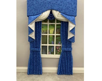 Miniature 1:12 scale dolls house Swag and Tail curtains powder blue vine print