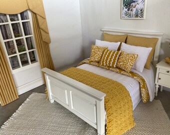Handmade miniature 1:12 scale dolls house 10 piece bedding set linen for a double bed in white with mustard accents
