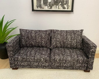 Miniature doll house 1:12th scale Modern wooden framed sofa charcoal hessian print