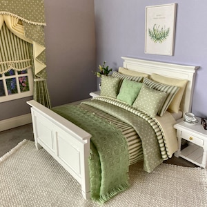 Handmade miniature 1:12 scale dolls house 10 piece cotton  bedding set  bed linen for a double bed sage and cream