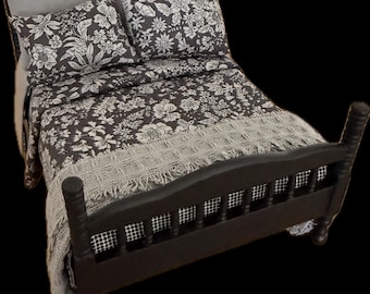 Miniature 1:12 Scale Dolls House -  Black Double wooden Bed with Grey Linen