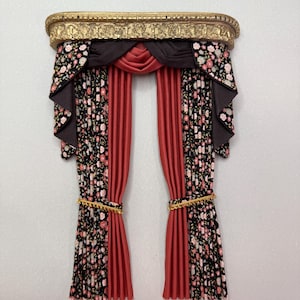 Handmade Miniature doll house soft furnishings - 1:12 scale swag and tail  curtains drapes with gold ornate pelmet