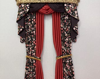 Handmade Miniature doll house soft furnishings - 1:12 scale swag and tail  curtains drapes with gold ornate pelmet