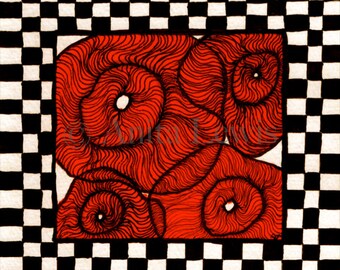 Originele lijntekening rode klaprozen: 6" x 6" grillige kunst door Anita Lewis