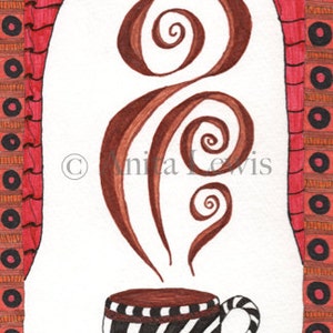 May include: A hand-drawn illustration of a cup of coffee with a black and white striped design. The coffee cup is on a saucer with a similar design. The steam rising from the coffee is drawn in a stylized swirl pattern. The background is a red and orange pattern.