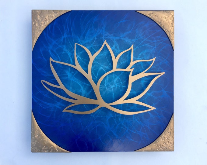 Lotus Flower Ocean Scene Gold & Blue Metal Wall Art Lotus Metal Art