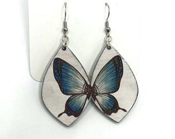 White Butterfly Engraved Hand Painted Dangle Wood Earrings