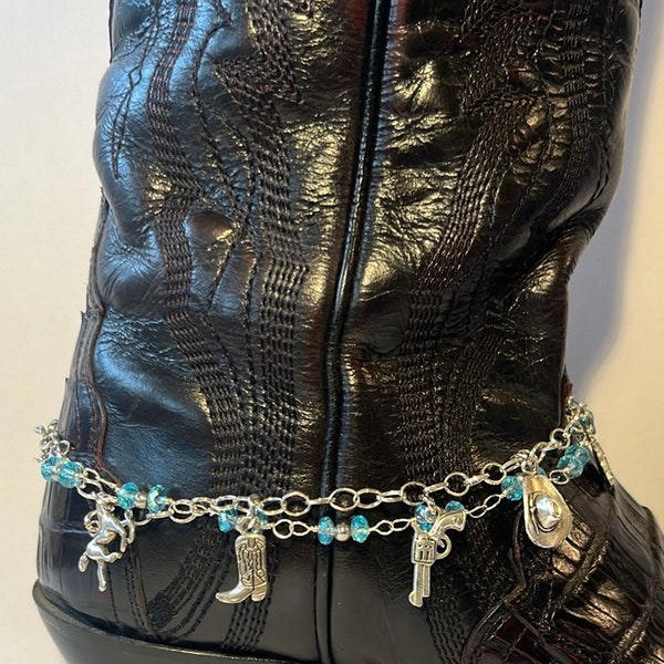 Boot Bracelet Anklet Bling Western Cowboy Charms Aquamarine Beads