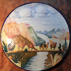 Vintage Peru Pottery FCA Llama 15&quot; Plate Wall Hanging