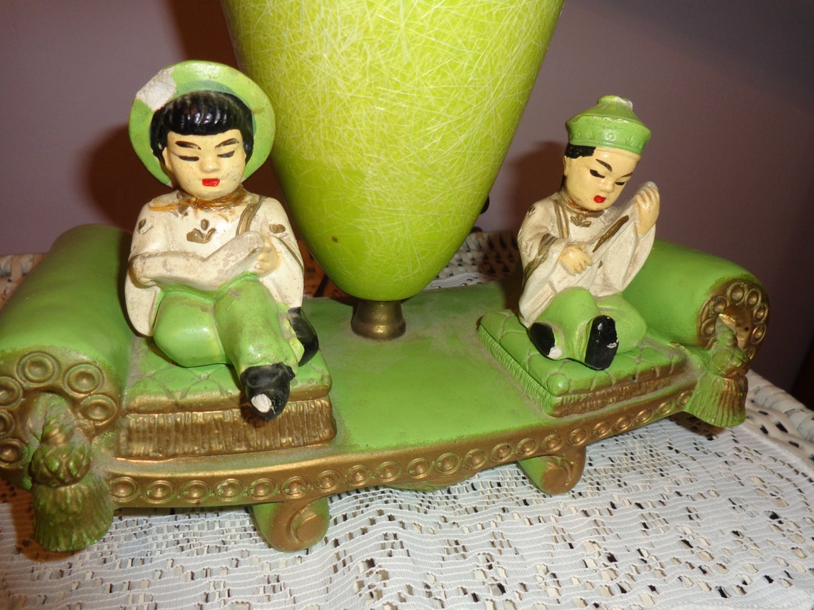 Vintage Asian Mid Century Lamp with Chalkware Figures Etsy