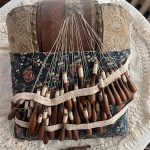 Antique Bobbin Lace Making Pillow with Roller, Bobbins, Lace