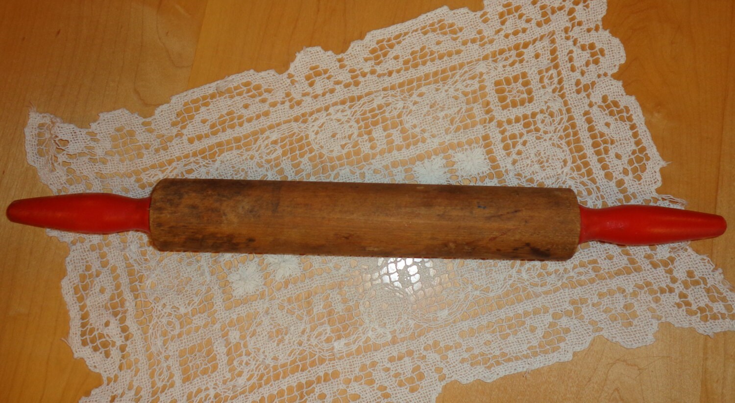 Vintage Wooden Rolling Pin Red Handles 1950's Etsy