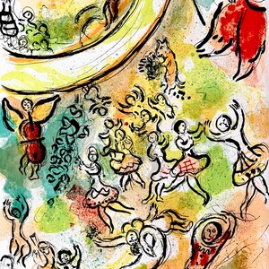 Op de afbeelding: Een kleurrijk abstract schilderij met figuren die dansen en muziek maken. Het schilderij is gemaakt in een grillige stijl met gedurfde lijnen en felle kleuren.