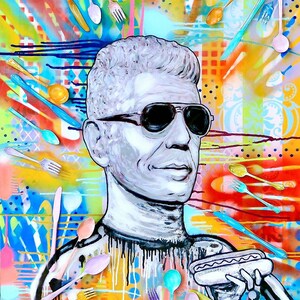 よく食べる：アンソニー・ボーディンへのオマージュオリジナル絵画 - ポップアートアクリルシルバーウェアホットドッグキャンバスシェフレストラングルメパーツ未知の食べ物