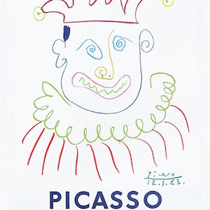 May include: A colorful Picasso poster featuring a whimsical jester illustration with a red and yellow hat, green collar, and blue facial features. The poster includes the text "PICASSO" and details about a collection of 100 posters, with the date 12.1.63.