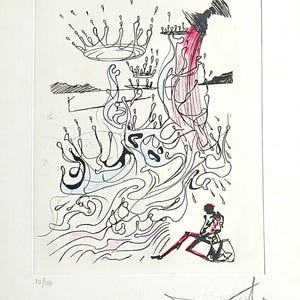May include: Black and white surrealist print with red and pink accents. Features a crown, flowing lines, and a figure seated near a container. Signed with the artist's signature and numbered 10/100.