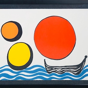 Alexander Calder c.1972 Le Bateau Noir Black Boat Original Hand Signed Lithograph Circles Sailing Yacht Ocean Waves Water Beach Modern Art