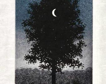 Rene Magritte c.1968 September 16th Signed Original Etching Surreal Crescent Moon Tree Surrealism Modern Artwork Surrealistic Fine Art