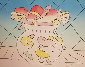 Peter Max : Red Vase Hand Signed 1983 Bouquet Lithograph Bouquet Flower Pop Original Lithograph Authentic COA Certificate Of Authenticity