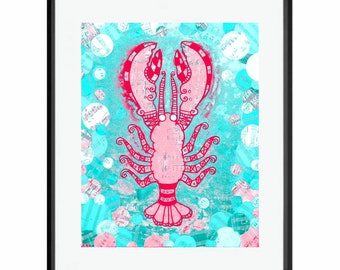 Rock Lobstah Pink Lobster Matted Original Signed Print Beach Key West Pop Art 