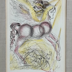 May include: An artistic print of a winged horse, featuring a combination of yellow, black, and red hues. The artwork showcases a stylized depiction of the mythical creature, with intricate linework and a signature in the lower right corner. The print is framed.