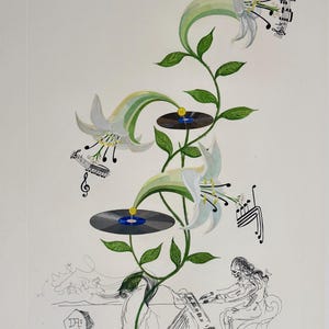 May include: A surrealist print featuring white lily flowers with green stems and leaves, integrated with black vinyl records and musical notation. A line-drawn figure sits at a piano in the lower section, with a signature and edition number visible.
