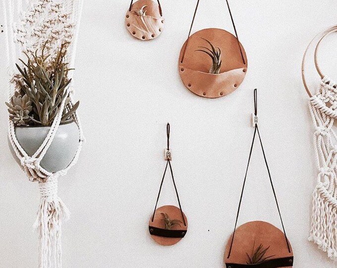 Leather wall hanging planters, wall hanging, air plant holders, leather pocket, leather bar, leather decor