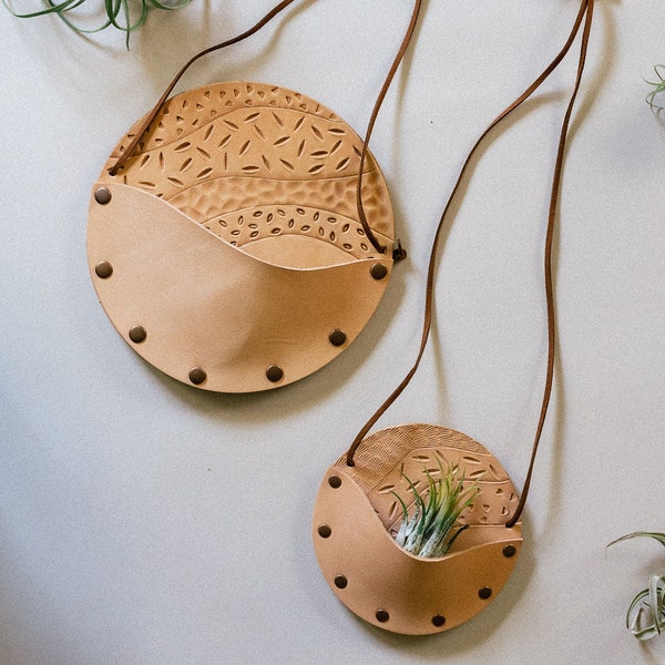 Textures leather wall hanging, air plant holders, leather pocket, stamped leather