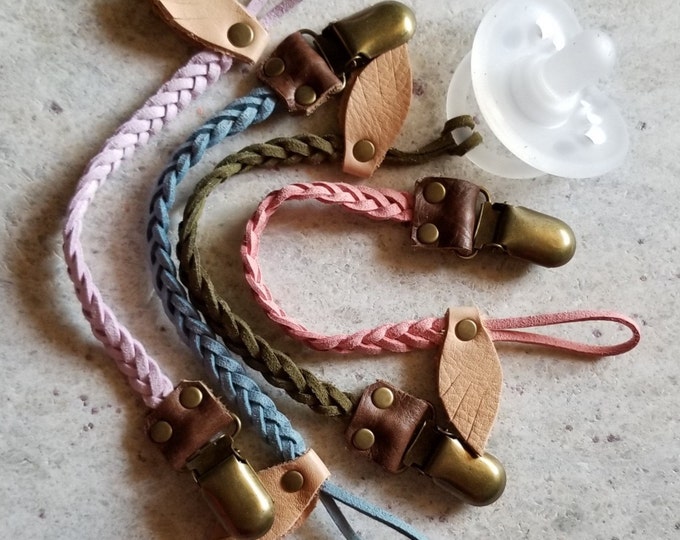 Braided Leather Pacifier Clip, multicolors
