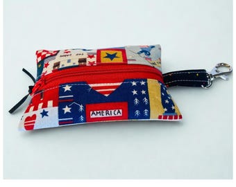 Patriotic Key Chain, Cotton Mini Zip Pouch, Change Purse, Zipper Keyring, Independence Day, Veterans