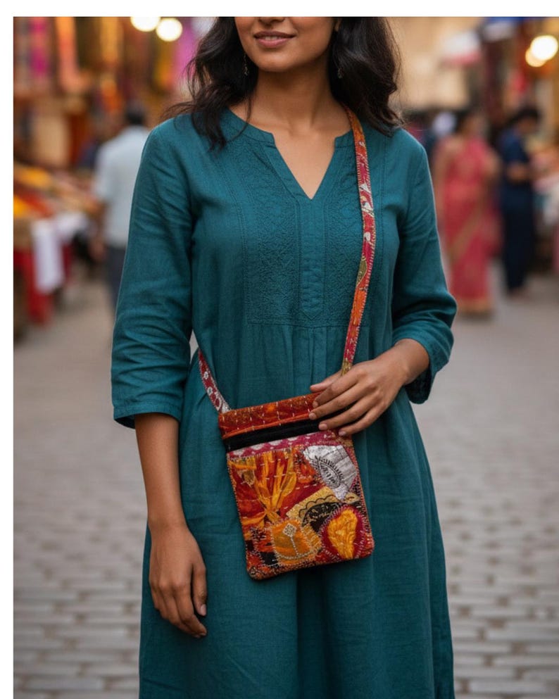 K&ouml;nnte beinhalten: Ein t&uuml;rkisfarbenes Kleid mit V-Ausschnitt und Dreiviertel&auml;rmeln. Eine bunte Patchwork-Umh&auml;ngetasche mit rotem Riemen wird quer &uuml;ber dem K&ouml;rper getragen. Die Tasche hat eine Vielzahl von Mustern und Farben, darunter Orange, Gelb und Rot.