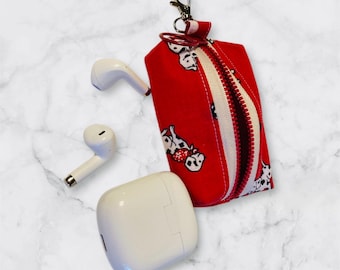 Mini Boxy Pouch Keychain – Red Dog Print Zipper Coin Purse, Fabric Key Fob.