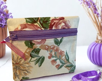 Mini Zipper Coin Pouch, Floral Credit Card Holder, Vintage Coin Purse