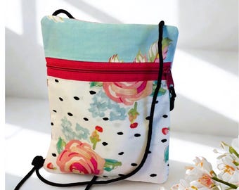 Rose Print Fabric Crossbody Bag, Cell Phone Purse